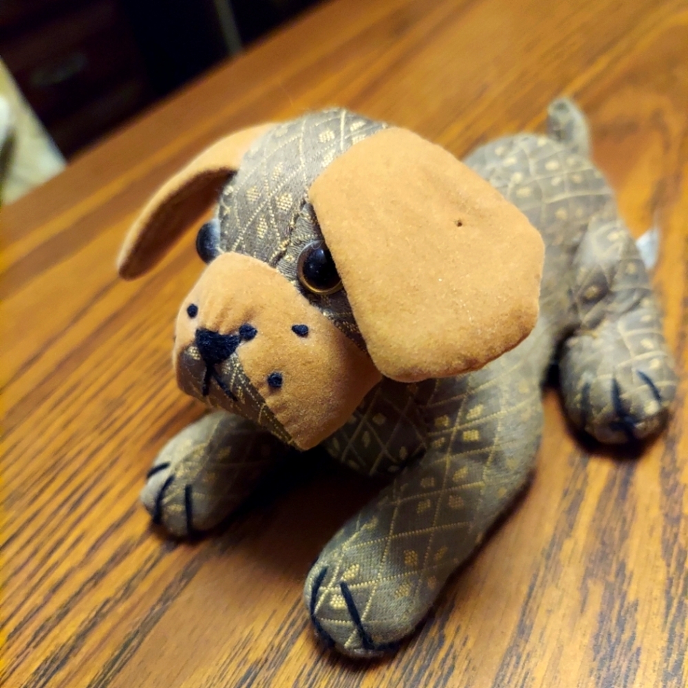 Puppy Paperweight Doorstop Named Bones Dog Brocade Suede Ears UK Dora Designs - Picture 2 of 9